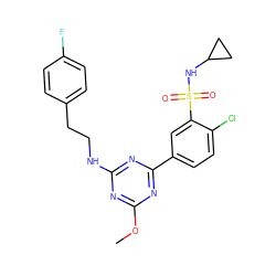 COc1nc(NCCc2ccc(F)cc2)nc(-c2ccc(Cl)c(S(=O)(=O)NC3CC3)c2)n1 ZINC000206762533