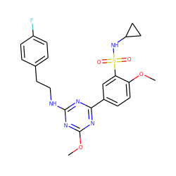 COc1nc(NCCc2ccc(F)cc2)nc(-c2ccc(OC)c(S(=O)(=O)NC3CC3)c2)n1 ZINC000217669455