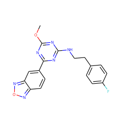 COc1nc(NCCc2ccc(F)cc2)nc(-c2ccc3nonc3c2)n1 ZINC000473162902