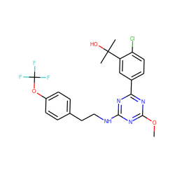 COc1nc(NCCc2ccc(OC(F)(F)F)cc2)nc(-c2ccc(Cl)c(C(C)(C)O)c2)n1 ZINC000206750629