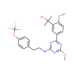 COc1nc(NCCc2ccc(OC(F)(F)F)cc2)nc(-c2ccc(OC)c(C(C)(C)O)c2)n1 ZINC000206756962