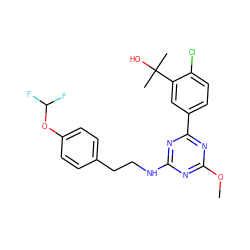 COc1nc(NCCc2ccc(OC(F)F)cc2)nc(-c2ccc(Cl)c(C(C)(C)O)c2)n1 ZINC000206750561