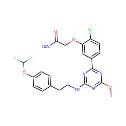 COc1nc(NCCc2ccc(OC(F)F)cc2)nc(-c2ccc(Cl)c(OCC(N)=O)c2)n1 ZINC000206777975