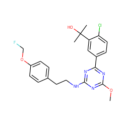 COc1nc(NCCc2ccc(OCF)cc2)nc(-c2ccc(Cl)c(C(C)(C)O)c2)n1 ZINC000206773887