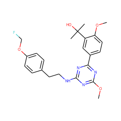 COc1nc(NCCc2ccc(OCF)cc2)nc(-c2ccc(OC)c(C(C)(C)O)c2)n1 ZINC000206773831