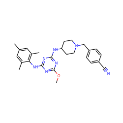 COc1nc(Nc2c(C)cc(C)cc2C)nc(NC2CCN(Cc3ccc(C#N)cc3)CC2)n1 ZINC000073296437