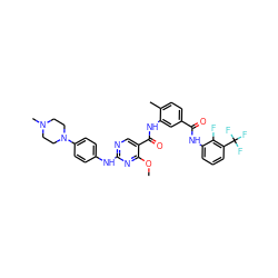 COc1nc(Nc2ccc(N3CCN(C)CC3)cc2)ncc1C(=O)Nc1cc(C(=O)Nc2cccc(C(F)(F)F)c2F)ccc1C ZINC000058528276