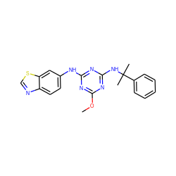 COc1nc(Nc2ccc3ncsc3c2)nc(NC(C)(C)c2ccccc2)n1 ZINC000013611474