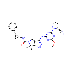 COc1nc(Nc2n[nH]c3c2CN(C(=O)N[C@@H]2C[C@@H]2c2ccccc2)C3(C)C)nc(N2CCC[C@H]2C#N)n1 ZINC000115984061