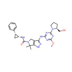 COc1nc(Nc2n[nH]c3c2CN(C(=O)N[C@@H]2C[C@@H]2c2ccccc2)C3(C)C)nc(N2CCC[C@H]2CO)n1 ZINC000115984858