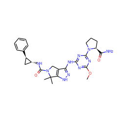 COc1nc(Nc2n[nH]c3c2CN(C(=O)N[C@@H]2C[C@H]2c2ccccc2)C3(C)C)nc(N2CCC[C@H]2C(N)=O)n1 ZINC000115986001