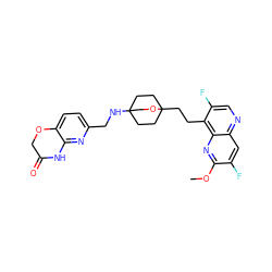 COc1nc2c(CCC34CCC(NCc5ccc6c(n5)NC(=O)CO6)(CC3)CO4)c(F)cnc2cc1F ZINC000149172398