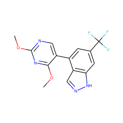 COc1ncc(-c2cc(C(F)(F)F)cc3[nH]ncc23)c(OC)n1 ZINC000222327542