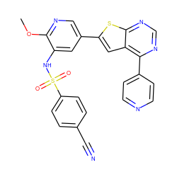 COc1ncc(-c2cc3c(-c4ccncc4)ncnc3s2)cc1NS(=O)(=O)c1ccc(C#N)cc1 ZINC000473120707