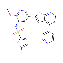 COc1ncc(-c2cc3c(-c4ccncc4)ncnc3s2)cc1NS(=O)(=O)c1ccc(Cl)s1 ZINC000473121575