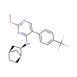 COc1ncc(-c2ccc(C(F)(F)F)cc2)c(N[C@@H]2C[C@@H]3CC[C@H]2C3)n1 ZINC000028824797