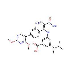 COc1ncc(-c2ccc3c(Nc4cc(C(=O)O)cc([C@@H](C)C(C)C)c4)c(C(N)=O)cnc3c2)c(OC)n1 ZINC000072319549