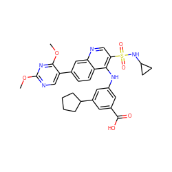 COc1ncc(-c2ccc3c(Nc4cc(C(=O)O)cc(C5CCCC5)c4)c(S(=O)(=O)NC4CC4)cnc3c2)c(OC)n1 ZINC000143765056