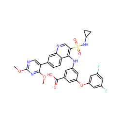 COc1ncc(-c2ccc3c(Nc4cc(Oc5cc(F)cc(F)c5)cc(C(=O)O)c4)c(S(=O)(=O)NC4CC4)cnc3c2)c(OC)n1 ZINC000098210307