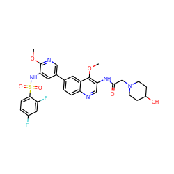 COc1ncc(-c2ccc3ncc(NC(=O)CN4CCC(O)CC4)c(OC)c3c2)cc1NS(=O)(=O)c1ccc(F)cc1F ZINC001772653593