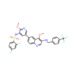 COc1ncc(-c2ccc3ncc(NCc4ccc(C(F)(F)F)cc4)c(OC)c3c2)cc1NS(=O)(=O)c1ccc(F)cc1F ZINC001772653669