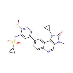 COc1ncc(-c2ccc3ncc4c(c3c2)n(C2CC2)c(=O)n4C)cc1NS(=O)(=O)C1CC1 ZINC001772617540