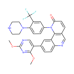 COc1ncc(-c2ccc3ncc4ccc(=O)n(-c5ccc(N6CCNCC6)c(C(F)(F)F)c5)c4c3c2)c(OC)n1 ZINC000064540355