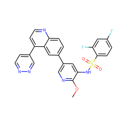 COc1ncc(-c2ccc3nccc(-c4ccnnc4)c3c2)cc1NS(=O)(=O)c1ccc(F)cc1F ZINC000043208634