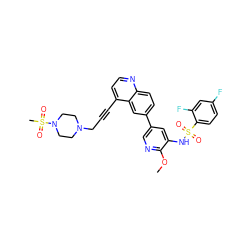 COc1ncc(-c2ccc3nccc(C#CCN4CCN(S(C)(=O)=O)CC4)c3c2)cc1NS(=O)(=O)c1ccc(F)cc1F ZINC000653691199