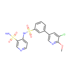 COc1ncc(-c2cccc(S(=O)(=O)Nc3ccncc3S(N)(=O)=O)c2)cc1Cl ZINC000147022062