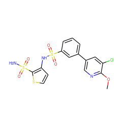 COc1ncc(-c2cccc(S(=O)(=O)Nc3ccsc3S(N)(=O)=O)c2)cc1Cl ZINC000148409048