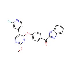 COc1ncc(-c2ccnc(F)c2)c(Oc2ccc(C(=O)c3nc4ccccc4[nH]3)cc2)n1 ZINC000169159025