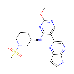 COc1ncc(-c2cnc3[nH]ccc3n2)c(N[C@H]2CCCN(S(C)(=O)=O)C2)n1 ZINC000168656781