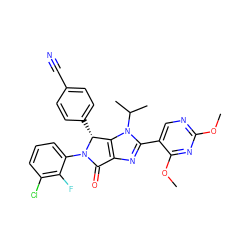 COc1ncc(-c2nc3c(n2C(C)C)[C@@H](c2ccc(C#N)cc2)N(c2cccc(Cl)c2F)C3=O)c(OC)n1 ZINC000169705511