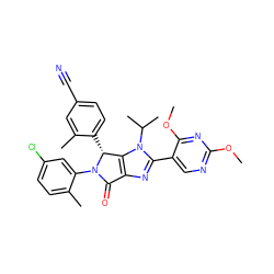 COc1ncc(-c2nc3c(n2C(C)C)[C@@H](c2ccc(C#N)cc2C)N(c2cc(Cl)ccc2C)C3=O)c(OC)n1 ZINC000169705693