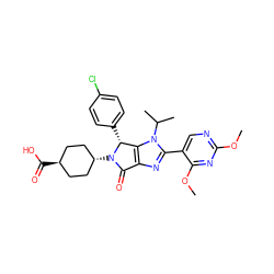 COc1ncc(-c2nc3c(n2C(C)C)[C@@H](c2ccc(Cl)cc2)N([C@H]2CC[C@H](C(=O)O)CC2)C3=O)c(OC)n1 ZINC000261147841