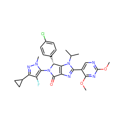 COc1ncc(-c2nc3c(n2C(C)C)[C@@H](c2ccc(Cl)cc2)N(c2c(F)c(C4CC4)nn2C)C3=O)c(OC)n1 ZINC000169705849