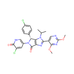 COc1ncc(-c2nc3c(n2C(C)C)[C@@H](c2ccc(Cl)cc2)N(c2c[nH]c(=O)c(Cl)c2)C3=O)c(OC)n1 ZINC000169705625