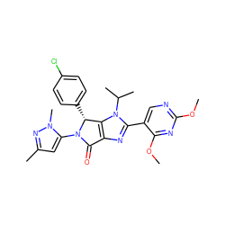COc1ncc(-c2nc3c(n2C(C)C)[C@@H](c2ccc(Cl)cc2)N(c2cc(C)nn2C)C3=O)c(OC)n1 ZINC000169705539
