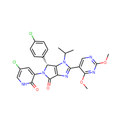 COc1ncc(-c2nc3c(n2C(C)C)[C@@H](c2ccc(Cl)cc2)N(c2cc(Cl)c[nH]c2=O)C3=O)c(OC)n1 ZINC000169705589
