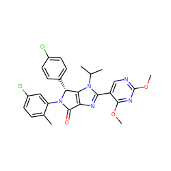 COc1ncc(-c2nc3c(n2C(C)C)[C@@H](c2ccc(Cl)cc2)N(c2cc(Cl)ccc2C)C3=O)c(OC)n1 ZINC000169705411