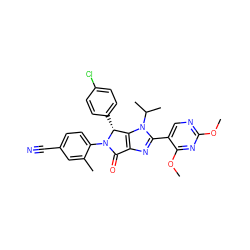 COc1ncc(-c2nc3c(n2C(C)C)[C@@H](c2ccc(Cl)cc2)N(c2ccc(C#N)cc2C)C3=O)c(OC)n1 ZINC000169705583
