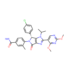 COc1ncc(-c2nc3c(n2C(C)C)[C@@H](c2ccc(Cl)cc2)N(c2ccc(C(N)=O)cc2C)C3=O)c(OC)n1 ZINC000169705546