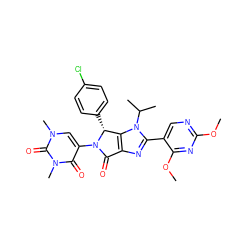 COc1ncc(-c2nc3c(n2C(C)C)[C@@H](c2ccc(Cl)cc2)N(c2cn(C)c(=O)n(C)c2=O)C3=O)c(OC)n1 ZINC000169685073