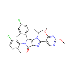 COc1ncc(-c2nc3c(n2C(C)C)[C@@H](c2ccc(Cl)cc2C)N(c2cc(Cl)ccc2C)C3=O)c(OC)n1 ZINC000169705371