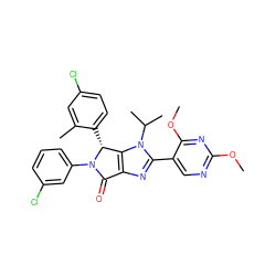 COc1ncc(-c2nc3c(n2C(C)C)[C@@H](c2ccc(Cl)cc2C)N(c2cccc(Cl)c2)C3=O)c(OC)n1 ZINC000169705731