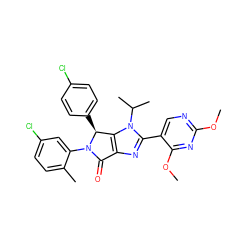 COc1ncc(-c2nc3c(n2C(C)C)[C@H](c2ccc(Cl)cc2)N(c2cc(Cl)ccc2C)C3=O)c(OC)n1 ZINC000169705412