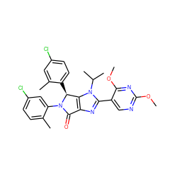 COc1ncc(-c2nc3c(n2C(C)C)[C@H](c2ccc(Cl)cc2C)N(c2cc(Cl)ccc2C)C3=O)c(OC)n1 ZINC000169705372
