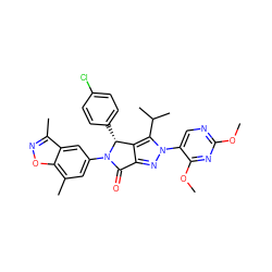 COc1ncc(-n2nc3c(c2C(C)C)[C@@H](c2ccc(Cl)cc2)N(c2cc(C)c4onc(C)c4c2)C3=O)c(OC)n1 ZINC000220178979