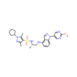 COc1ncc(-n2ncc3c(NC[C@H](C)NS(=O)(=O)c4c(C)nn(C5CCCC5)c4C)cccc32)cn1 ZINC000137422124